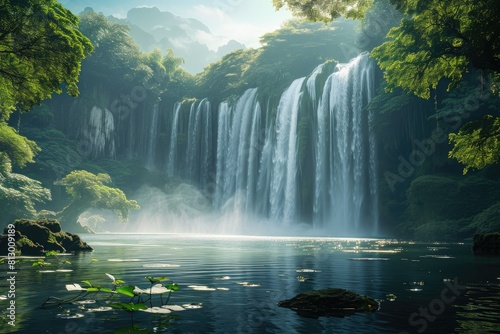 Nature's Symphony: Cascading Waterfall in Lush Landscape