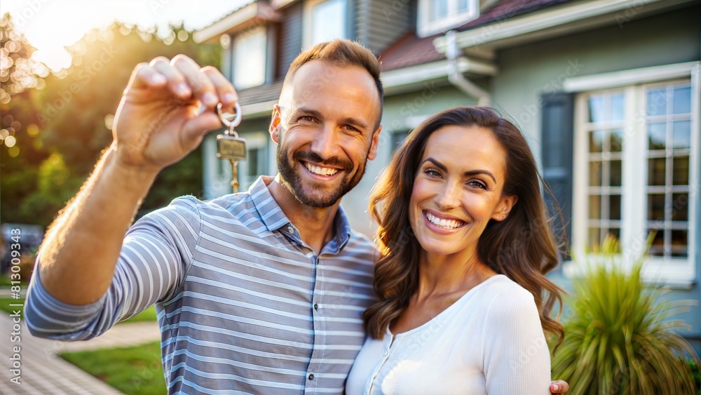 Happy Couple Holding House Keys: An image of a happy couple holding keys to their new home, symbolizing achievement, stability, and dreams coming true.
Happy Couple Holding House Keys: An image of a happy couple holding keys to their new home, symbolizing achievement, stability, and dreams coming true.
