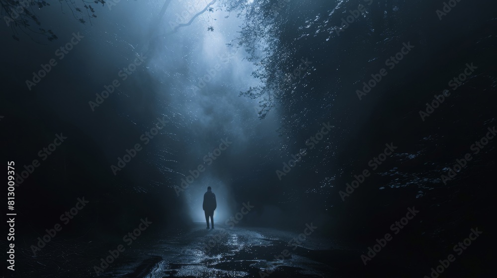 A person is walking in the woods at night A person is walking in the woods at night