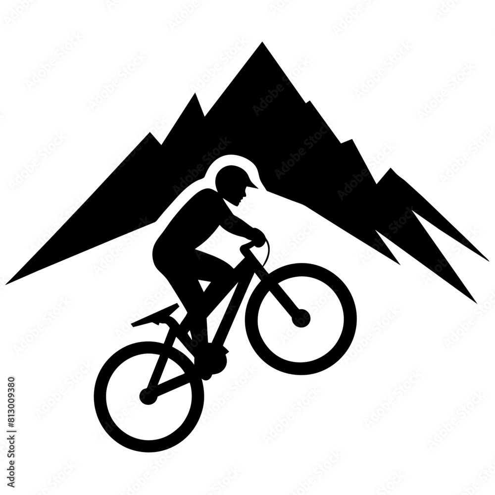 Fototapeta premium Mountain biker, A mountain Rider ride the bike on mountain vector silhouette, win, isolated white background