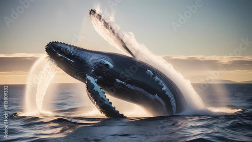 National Geographic award winning drone photograph of a humpback whale spraying and spouting water above the surface, Exciting movement, bright light, film grain, lens flare, bright morning sky, Kodac