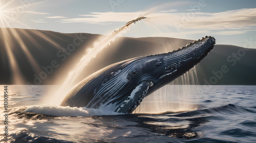 National Geographic award winning drone photograph of a humpback whale spraying and spouting water above the surface, Exciting movement, bright light, film grain, lens flare, bright morning sky, Kodac photo