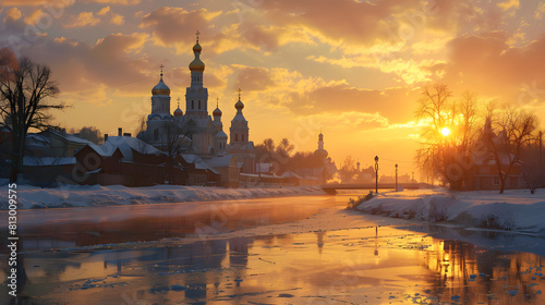 Golden Sunset and Snow Covered Cityscape: The Tranquil Beauty of Vyazma photo