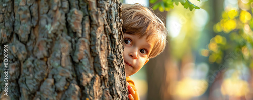 Kids playing a classic game of hide and seek one child peeking from behind a tree exaggeratedly pretending not to see the hiders bright playground background copy space photo