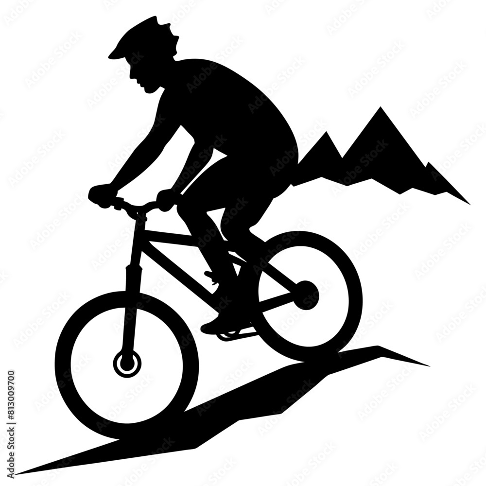 Fototapeta premium Mountain biker, A mountain Rider ride the bike on mountain vector silhouette, win, isolated white background