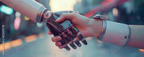 A robot hand is shaking a human hand