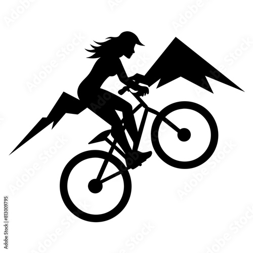 Mountain female biker, ride the mountain with stunting vector silhouette