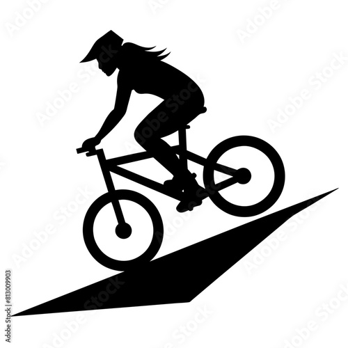 Mountain female biker, ride the mountain with stunting vector silhouette