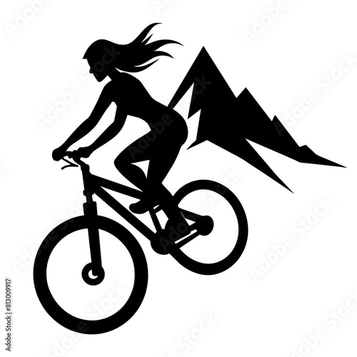 Mountain female biker, ride the mountain with stunting vector silhouette