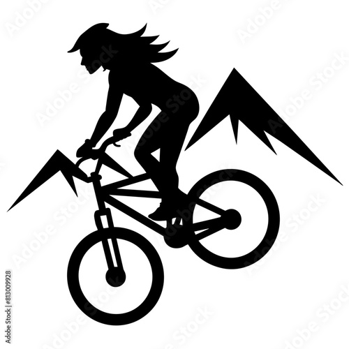 Mountain female biker, ride the mountain with stunting vector silhouette