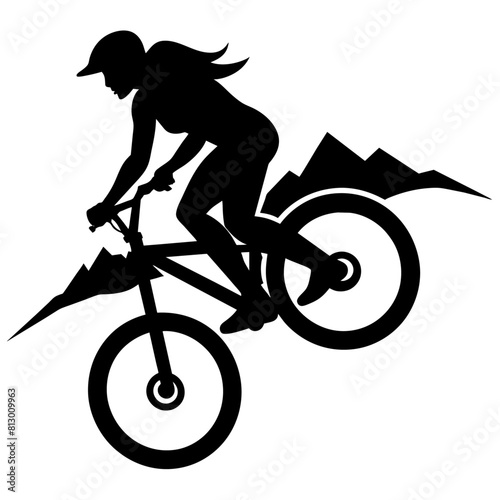 Mountain female biker, ride the mountain with stunting vector silhouette