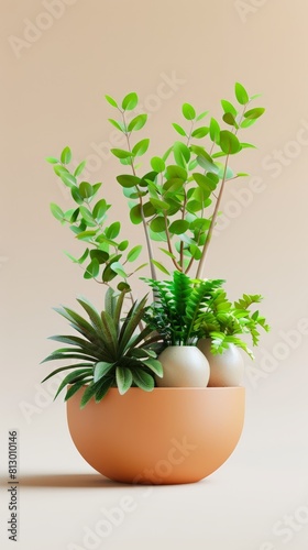 3D render of plant pot isolated on beige backdrop, phone wallpaper illustration
