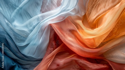 Layers of transparent fabrics in different colors draped over each other, creating an abstract background with a sense of depth and mystery ,minimal style