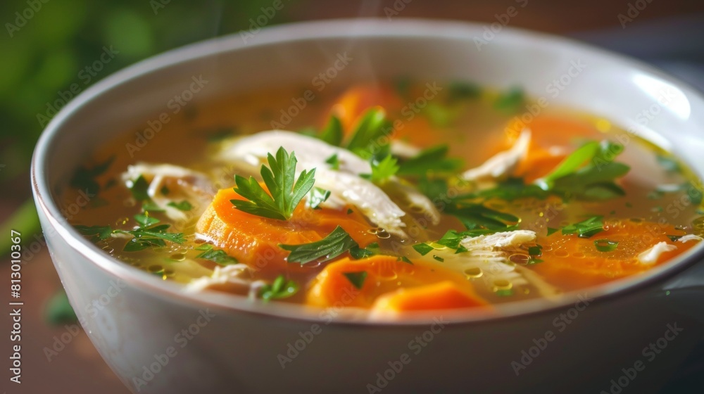 Chicken soup with carrot slices and lots of parsley. Chicken soup with carrot slices and lots of parsley.
