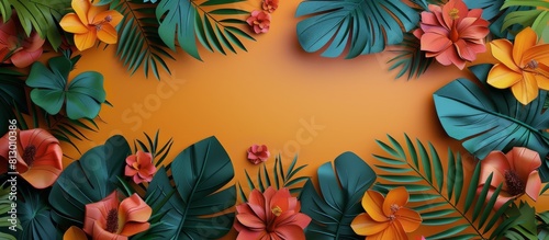 Tropical Leaves and Flowers on Yellow Background