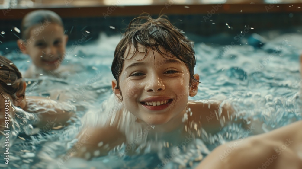 Excited and young happy family on vacation in the spa hotel are relaxing and have fun in the swimming pool. Summer rest Excited and young happy family on vacation in the spa hotel are relaxing and have fun in the swimming pool. Summer rest