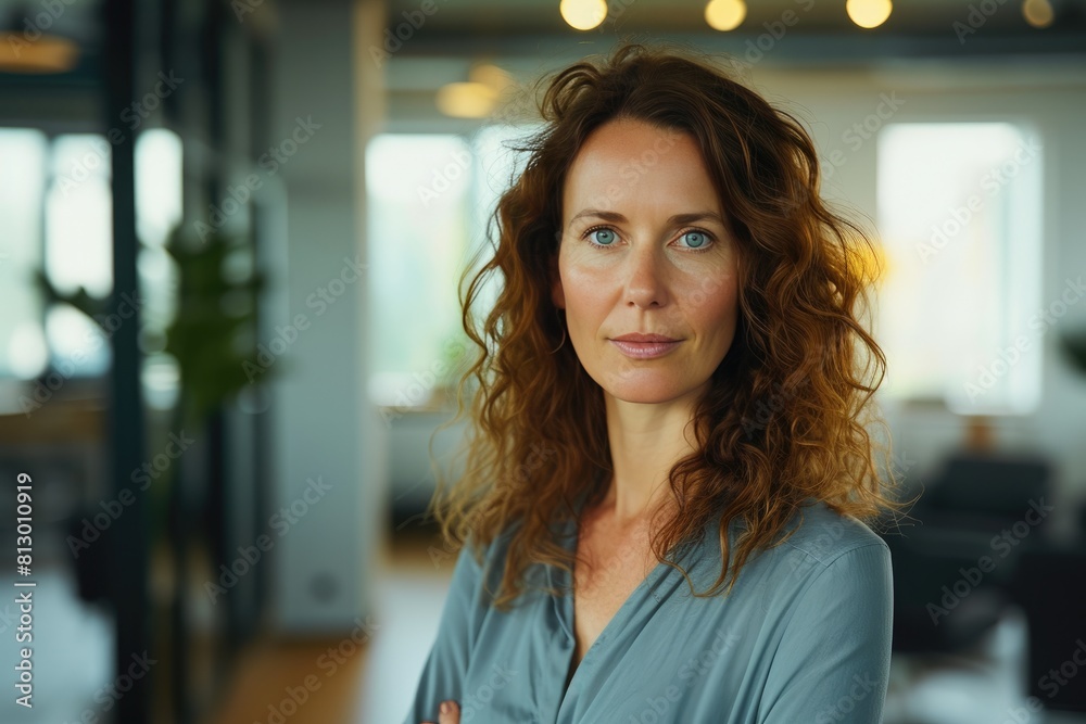 Fototapeta premium Confident businesswoman in her 30s, casual attire, smiling at camera in office setting