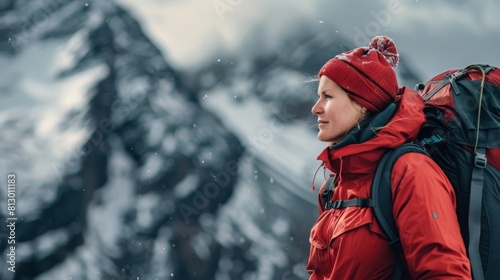 Thoughtful woman trekking in the snow mountains and looking happy smiling - alpinism concepts