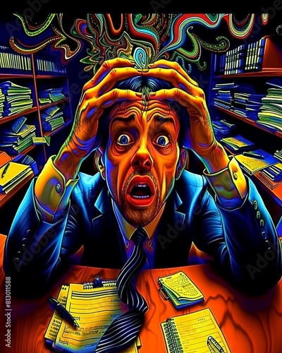 A psychedelic painting of a businessman in a nightmarish office. photo