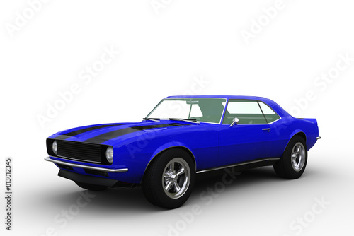 Retro American sports muscle car with blue and black paint work. Isolated 3D render.