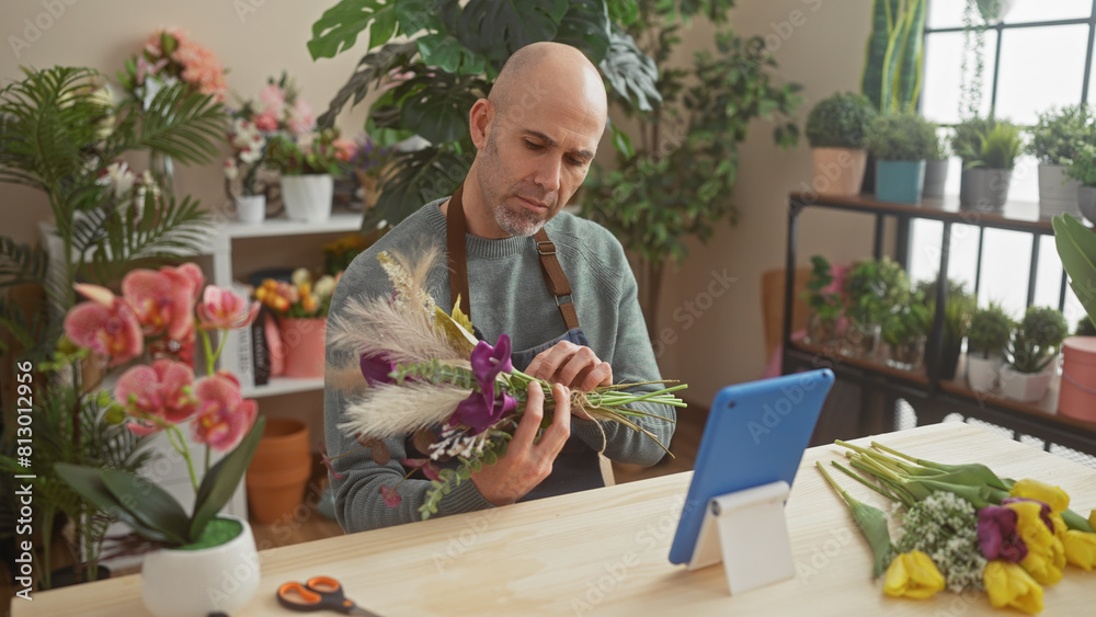 A bald man arranges flowers in a vibrant indoor florist shop, surrounded by diverse plants and bouquets. A bald man arranges flowers in a vibrant indoor florist shop, surrounded by diverse plants and bouquets.