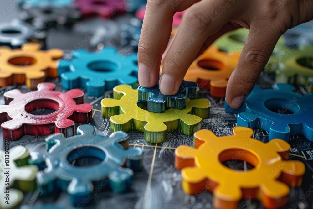 A hand placing a blue gear among colorful interlocking gears on a surface, symbolizing teamwork and problem-solving A hand placing a blue gear among colorful interlocking gears on a surface, symbolizing teamwork and problem-solving