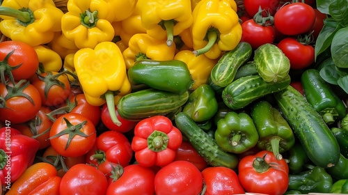Colorful bell peppers, tomatoes, and cucumbers in a basket, angled shot. photo