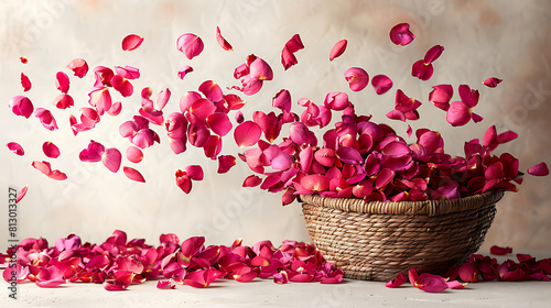 Beautiful rose flower petals fall from above in a basket with flowers (ID: 813013327)