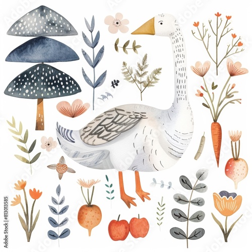 watercolor illustrations from the collection depicting a cute goose surrounded by flowers, grass, carrots, apples, trees highlighted on a white background.