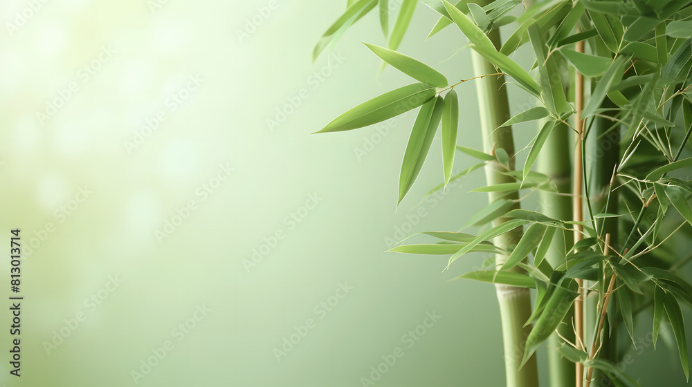 Fototapeta premium Peaceful bamboo plant against a pale green backdrop, providing space for customization