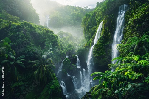 A cascading waterfall in a hidden tropical paradise
