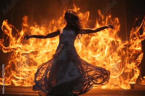 A woman is dancing in the fire