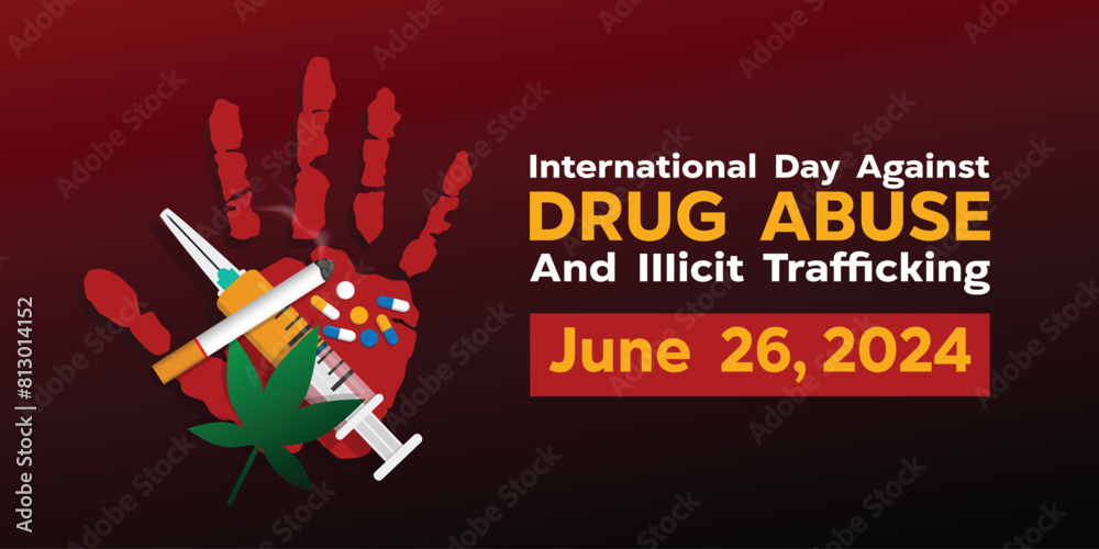 Naklejka premium International Day Against Drug Abuse. Hand, syringe, medicine and more. Great for cards, banners, posters, social media and more. Red background. 