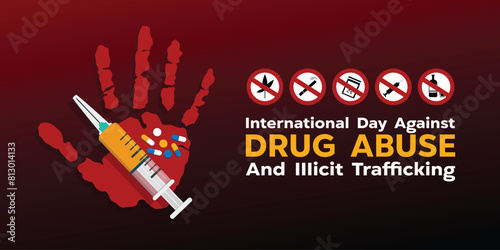 International Day Against Drug Abuse. Great for cards, banners, posters, social media and more. Red background. 