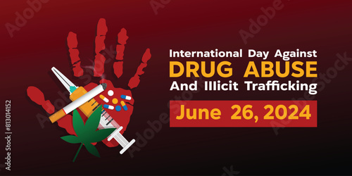 International Day Against Drug Abuse. Hand, syringe, medicine and more. Great for cards, banners, posters, social media and more. Red background. 