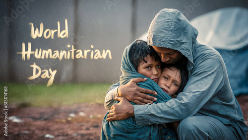 A man embracing two children under the rain, with 