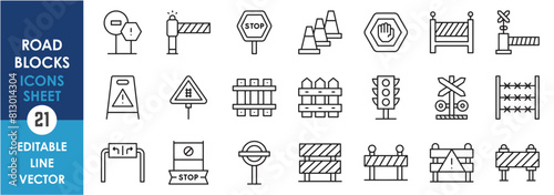 A set of linear icons related to road blocks. Road blocks, barriers, signs outline icons set.