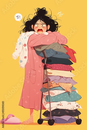 Cartoon housewife struggling with a mountain of laundry, a humorous take on domestic chores