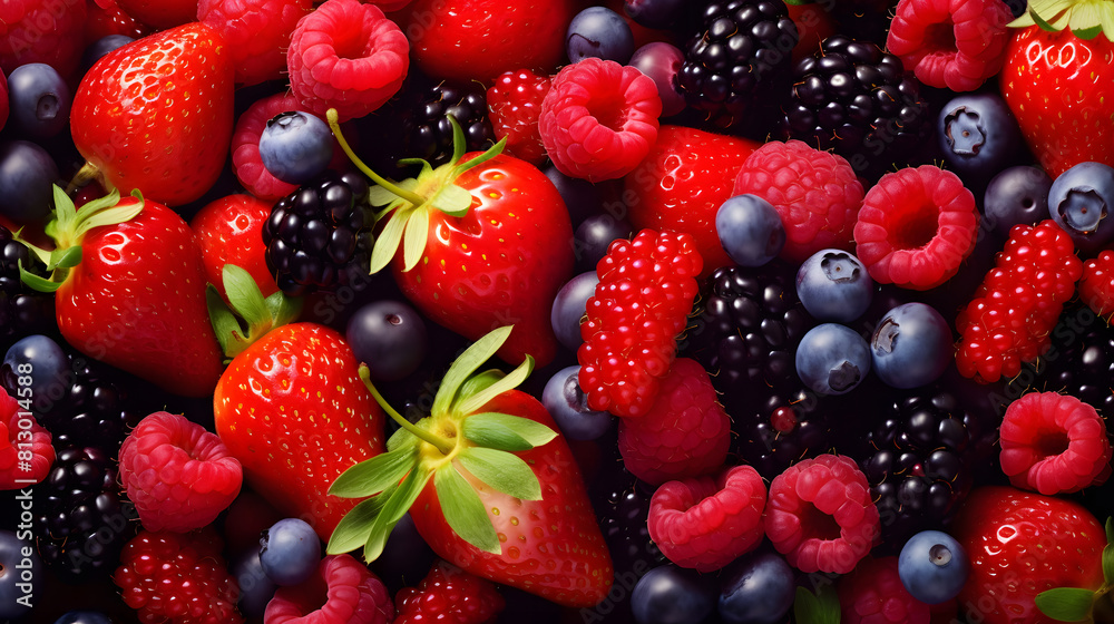 A vibrant assortment of ripe and juicy berries, creating a colorful and appetizing fruit background A vibrant assortment of ripe and juicy berries, creating a colorful and appetizing fruit background