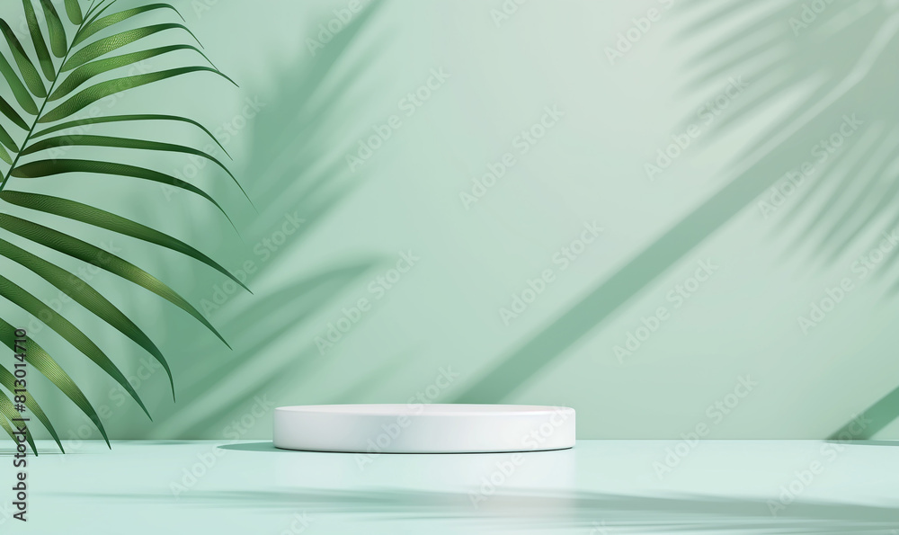 White round podium pedestal on a mint green background with a palm leaf shadow for a product display presentation mockup vector illustration in the style of product display