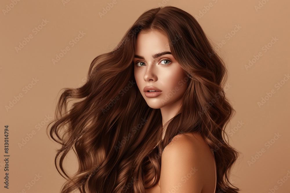 A beautiful woman with long, wavy hair is posing for the camera in front of an isolated beige background. She has smooth skin and bright makeup that accentuates her features A beautiful woman with long, wavy hair is posing for the camera in front of an isolated beige background. She has smooth skin and bright makeup that accentuates her features