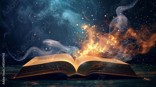 A book is open to a page with a fire on it