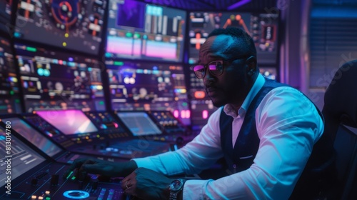 African American colorist makes color grading on control machine in modern studio. Big screens with action film footage and RGB colour correction graphic bar on the wall. Film post production process. photo