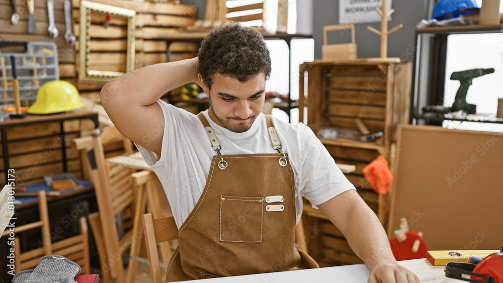 A pensive man with a beard in a carpentry workshop, surrounded by tools and wooden furniture pieces. A pensive man with a beard in a carpentry workshop, surrounded by tools and wooden furniture pieces.