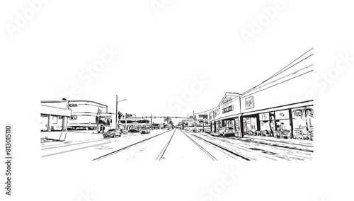 Print Building view with landmark of St. Pete Beach is a coastal city in Florida. Hand drawn sketch illustration in vector.