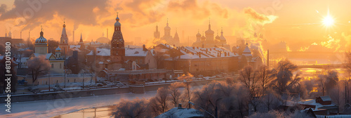 Golden Sunset and Snow Covered Cityscape: The Tranquil Beauty of Vyazma