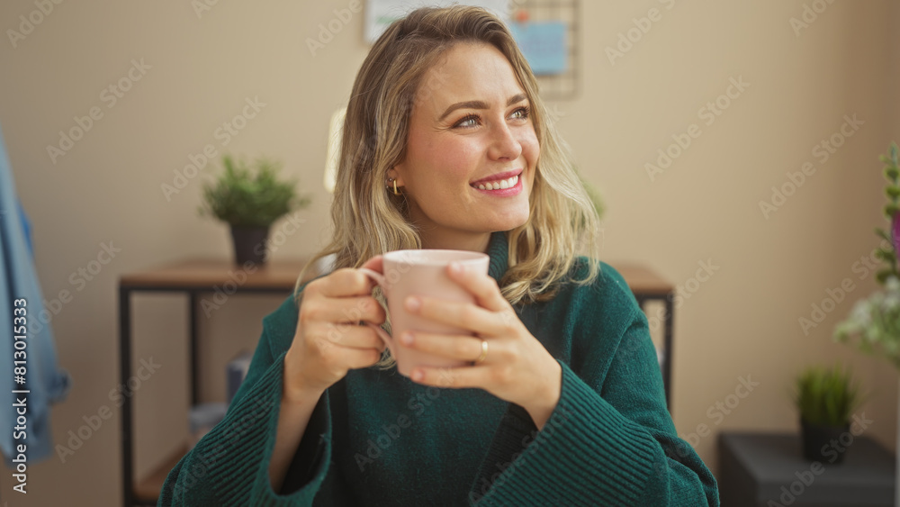 A smiling young woman enjoys a cup of tea in a cozy living room, exuding casual elegance and warmth. A smiling young woman enjoys a cup of tea in a cozy living room, exuding casual elegance and warmth.
