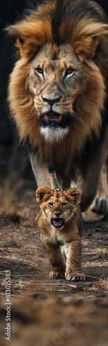 Lion cub with lions in the background - L  wenjunges mit L  wen im HIntergrund