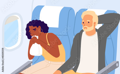 Woman passenger suffering from aerophobia while traveling by airplane vector illustration. Female cartoon character blowing into packet feeling shock sitting near window