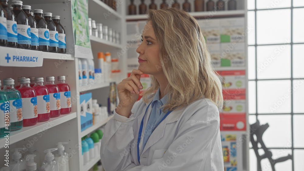 Thoughtful young woman pharmacist standing in pharmacy store lined with medicinal products.